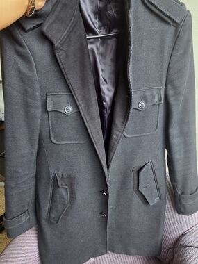 Zara Men's Black Pea Coat with Patch Pockets